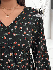 Vestido de Manga Longa com Gola V Babados e Estampa Floral Plus Size Vestido de Manga Longa com Gola V Babados e
