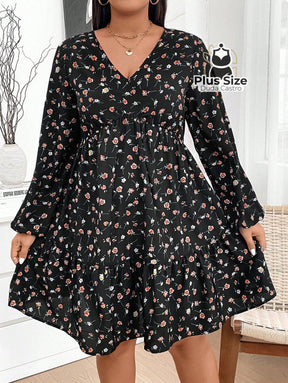 Vestido de Manga Longa com Gola V Babados e Estampa Floral Plus Size Vestido de Manga Longa com Gola V Babados e
