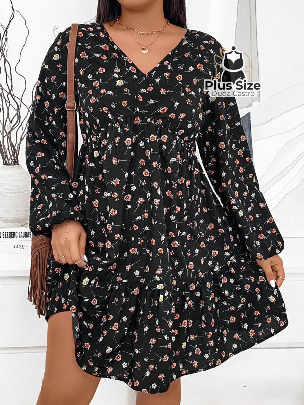Vestido de Manga Longa com Gola V Babados e Estampa Floral Plus Size Vestido de Manga Longa com Gola V Babados e