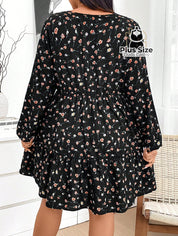 Vestido de Manga Longa com Gola V Babados e Estampa Floral Plus Size Vestido de Manga Longa com Gola V Babados e