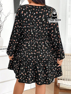 Vestido de Manga Longa com Gola V Babados e Estampa Floral Plus Size Vestido de Manga Longa com Gola V Babados e