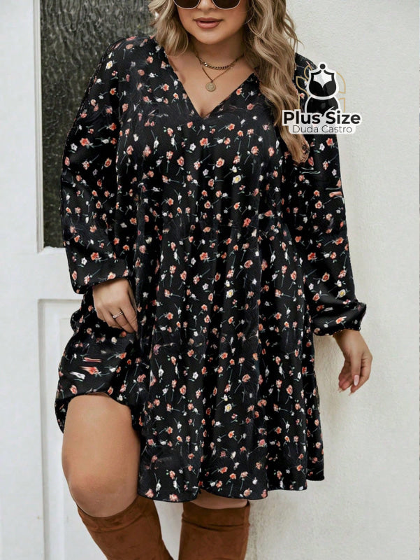 Vestido de Manga Longa com Gola V Babados e Estampa Floral Plus Size G 126 Vestido de Manga Longa com Gola V Babados e