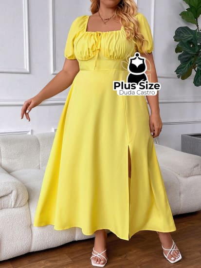 Vestido De Plus Size Extra Com Decote Quadrado Mangas Curtas E Fenda Alta G5