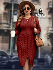 Vestido de Tricô Gola Redonda de Manga Longa Plus Size Várias Cores Vestido de Tricô Gola Redonda de Manga Longa Plus