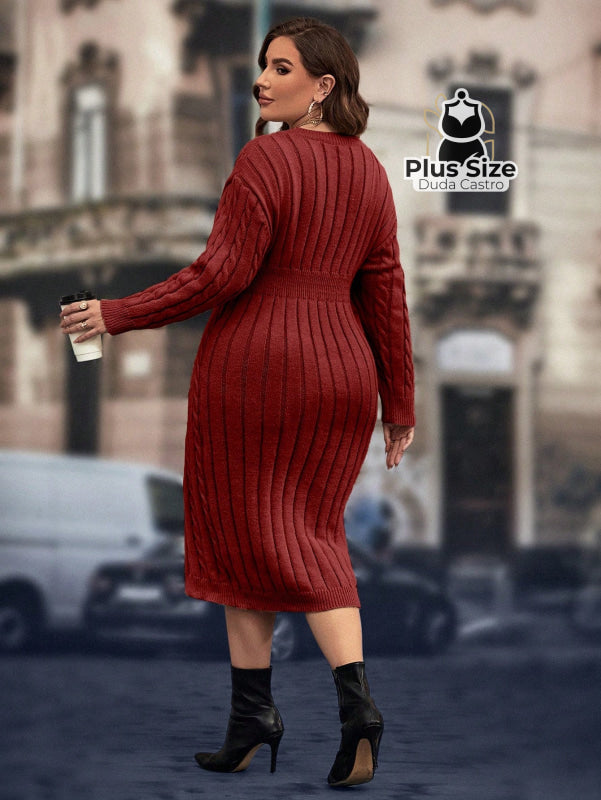 Vestido de Tricô Gola Redonda de Manga Longa Plus Size Várias Cores Vestido de Tricô Gola Redonda de Manga Longa Plus