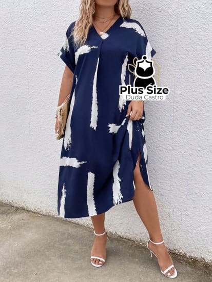 1 Plussize Vestido De Túnica Estampado 0Xl / Azul Marinho Vestido