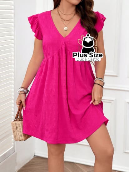 Vestido De Verão Manguinha Tecido Textura Várias Cores Plus Size G / Pink Vestido