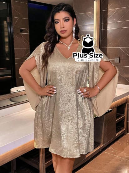 Vestido Dourado Plus Size Com Decote Em V