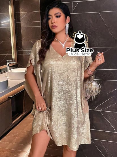 Vestido Dourado Plus Size Com Decote Em V G