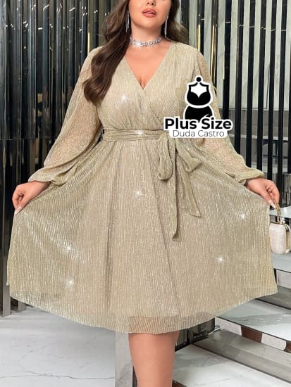 Vestido Elegante De Manga Farol Com Decote Em V Luxuoso Plus Size Várias Cores