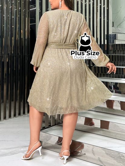 Vestido Elegante De Manga Farol Com Decote Em V Luxuoso Plus Size Várias Cores