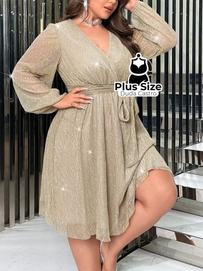 Vestido Elegante De Manga Farol Com Decote Em V Luxuoso Plus Size Várias Cores