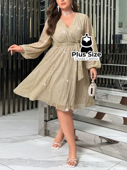 Vestido Elegante De Manga Farol Com Decote Em V Luxuoso Plus Size Várias Cores