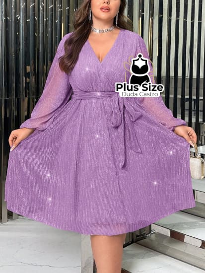 Vestido Elegante De Manga Farol Com Decote Em V Luxuoso Plus Size Várias Cores