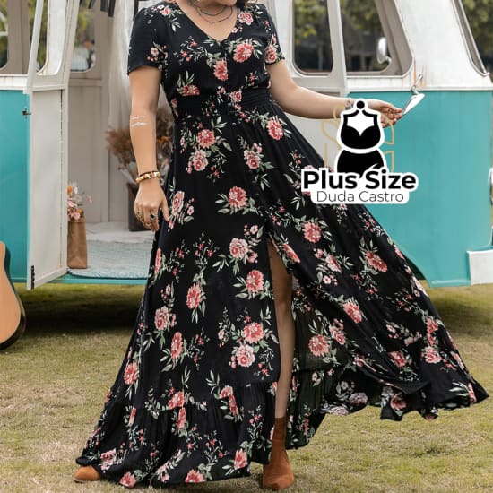 Vestido Em Viscose Longo Floral Plus Size Com Abertura Lateral Botões Na Frente G / Preto