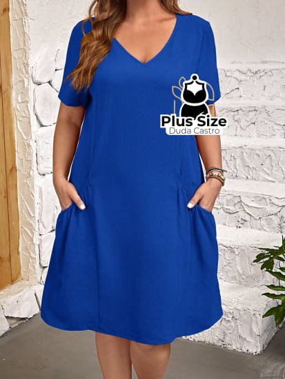 Vestido Liso De Túnica Bolso Duplo Várias Cores Plus Size Vestido