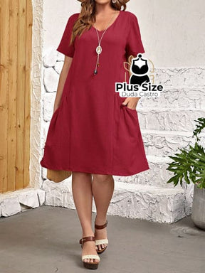 Vestido Liso De Túnica Bolso Duplo Várias Cores Plus Size Vestido