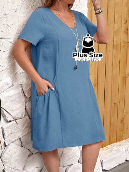 Vestido Liso De Túnica Bolso Duplo Várias Cores Plus Size Vestido