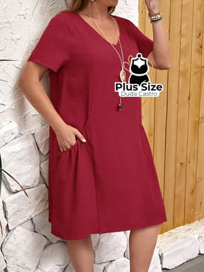 Vestido Liso De Túnica Bolso Duplo Várias Cores Plus Size Vestido