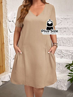 Vestido Liso De Túnica Bolso Duplo Várias Cores Plus Size Vestido