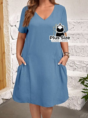 Vestido Liso De Túnica Bolso Duplo Várias Cores Plus Size Vestido