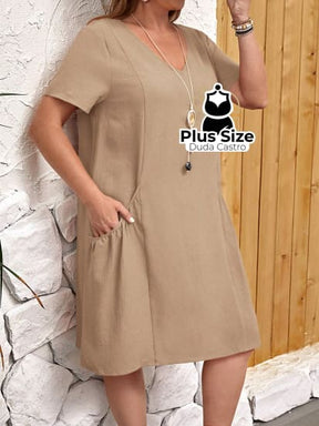 Vestido Liso De Túnica Bolso Duplo Várias Cores Plus Size Vestido