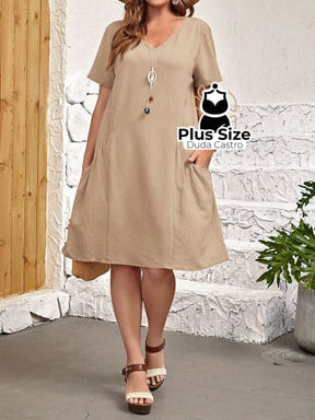 Vestido Liso De Túnica Bolso Duplo Várias Cores Plus Size G1 / Caqui Vestido