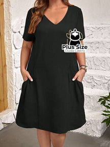 1 Plussize Liso Vestido De Túnica Bolso Duplo 1Xl / Preto Vestido