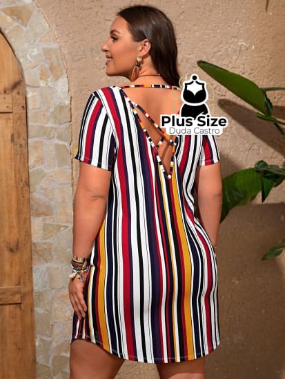 1 Plussize Vestido Listrado Vestical Detalhe Nas Costas 0Xl Vestido