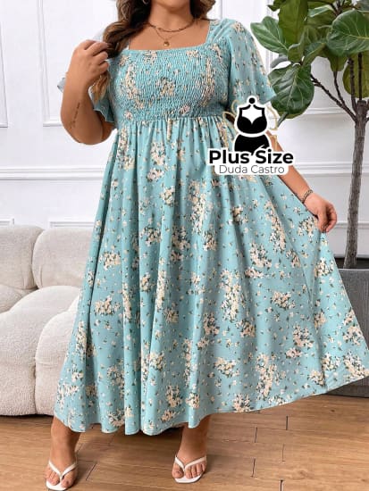 Vestido Longo Com Cintura Império E Latéx Plus Size Extra G5