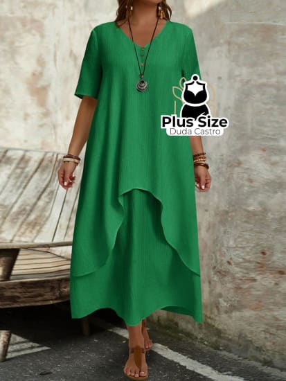 Vestido Longo De Manga Curta Com Decote Em V Liso Plus Size