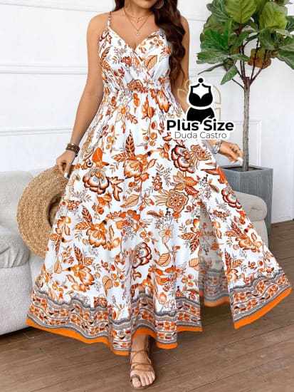 Vestido Longo Plus Size Alcinha Estampa Floral