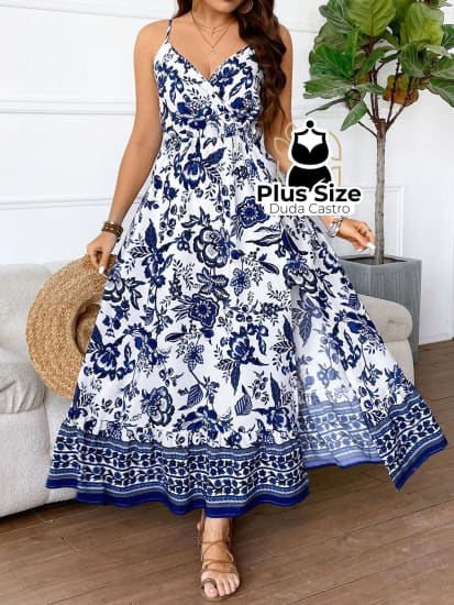 Vestido Longo Plus Size Alcinha Estampa Floral