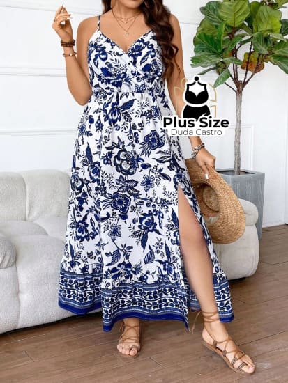 Vestido Longo Plus Size Alcinha Estampa Floral