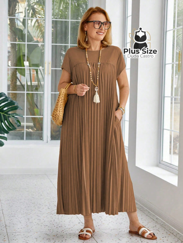 Vestido Longo Solto E Elegante Com Bolsos Plus Size Várias Cores