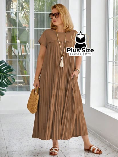 Vestido Longo Solto E Elegante Com Bolsos Plus Size Várias Cores