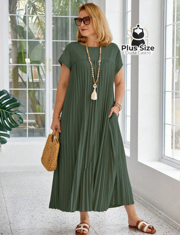 Vestido Longo Solto E Elegante Com Bolsos Plus Size Várias Cores