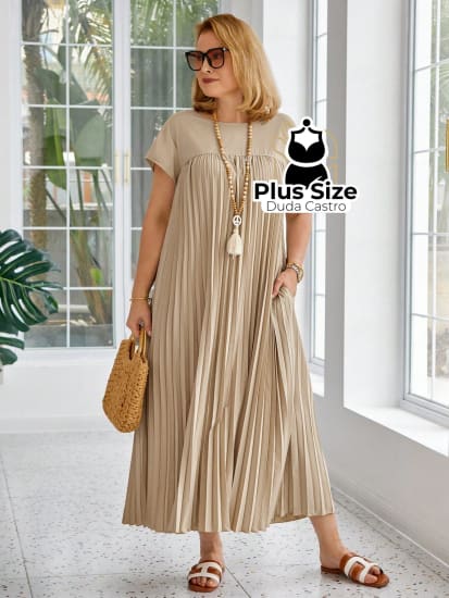 Vestido Longo Solto E Elegante Com Bolsos Plus Size Várias Cores