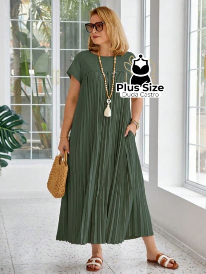 Vestido Longo Solto E Elegante Com Bolsos Plus Size Várias Cores