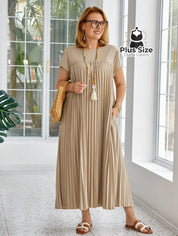 Vestido Longo Solto E Elegante Com Bolsos Plus Size Várias Cores G / Damasco