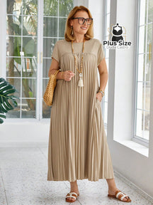 Vestido Longo Solto E Elegante Com Bolsos Plus Size Várias Cores G / Damasco