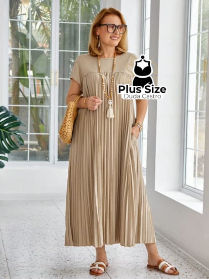 Vestido Longo Solto E Elegante Com Bolsos Plus Size Várias Cores G / Damasco