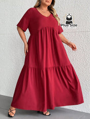 Vestido Longo Solto Plus Size Extra Decote Em V Manga Curta