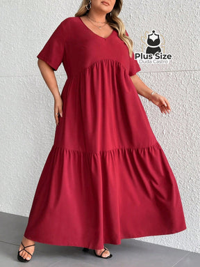 Vestido Longo Solto Plus Size Extra Decote Em V Manga Curta