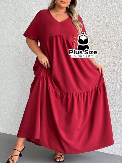 Vestido Longo Solto Plus Size Extra Decote Em V Manga Curta