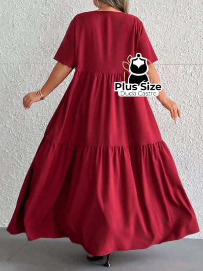 Vestido Longo Solto Plus Size Extra Decote Em V Manga Curta