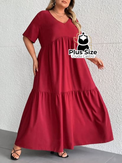 Vestido Longo Solto Plus Size Extra Decote Em V Manga Curta