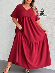 Vestido Longo Solto Plus Size Extra Decote Em V Manga Curta