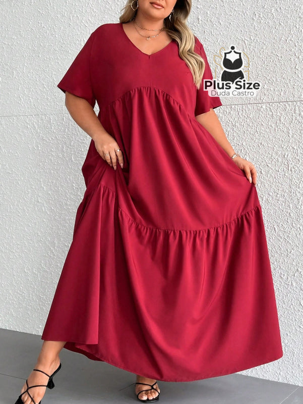 Vestido Longo Solto Plus Size Extra Decote Em V Manga Curta