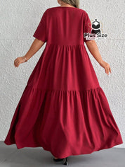 Vestido Longo Solto Plus Size Extra Decote Em V Manga Curta
